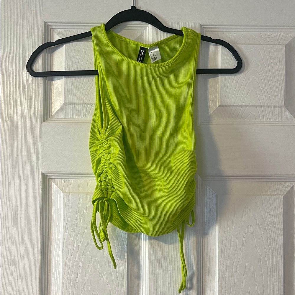 Divided Neon Green Ribbed Tank with Side Tie Detail
